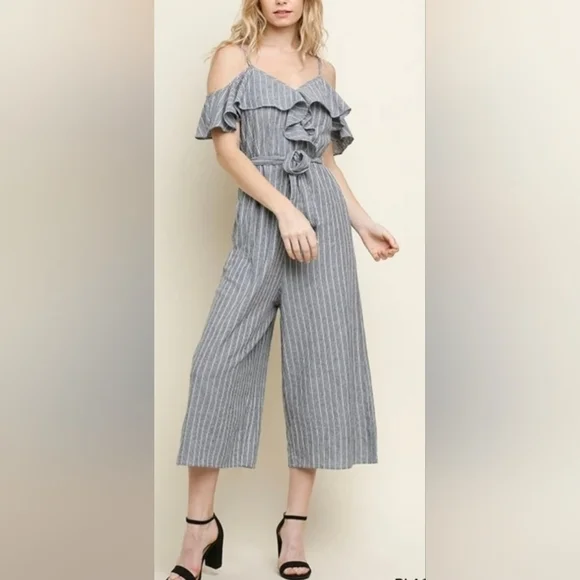 UMGEE - Gray & White Striped Cold-Shoulder Ruffle Jumpsuit - Picture 7 of 7